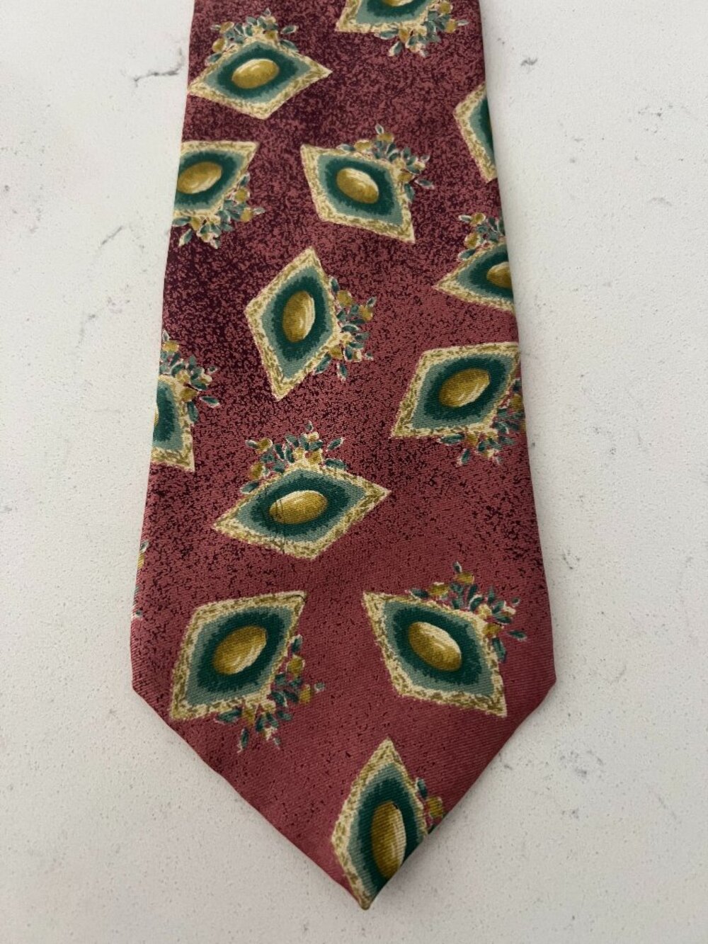 Vintage Benchmark Maroon Silk Tie with Gold & Green Diamonds